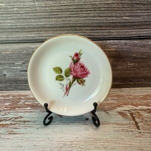 Vintage butter pat 4" pink rose Bavaria Made in Germany comes with stand